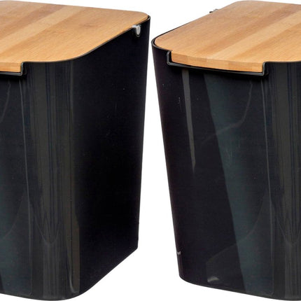 5Five poubelle - 2x pièces - 5 litres - bambou - noir/marron clair - 24 x 19 cm - salle de bain
