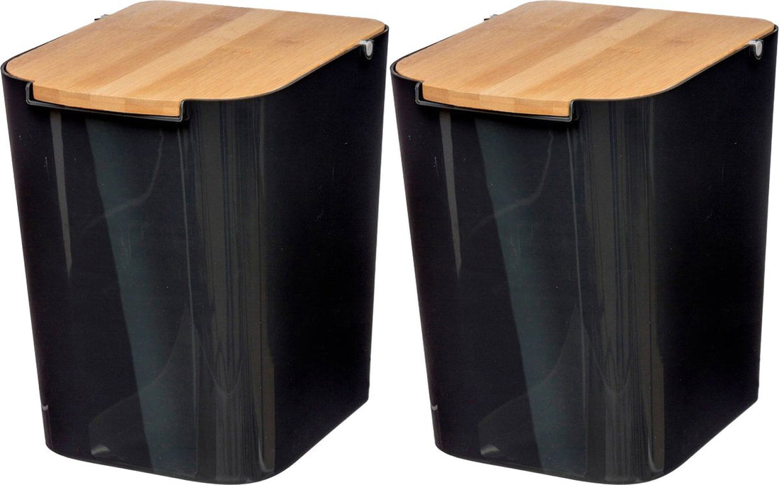 5Five waste bin / trash can - 2x pieces - 5 liters - bamboo - black / light brown - 24 x 19 cm - bathroom