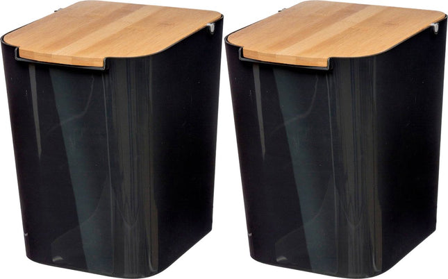 5Five poubelle - 2x pièces - 5 litres - bambou - noir/marron clair - 24 x 19 cm - salle de bain
