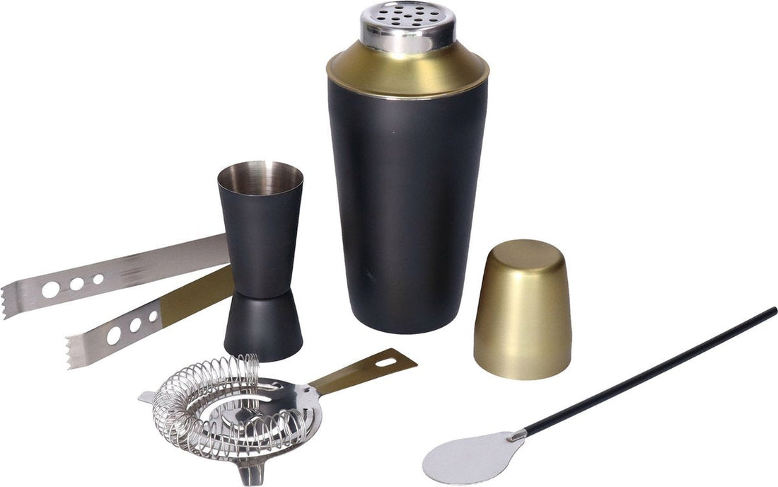 Cocktail-Shaker-Set de luxe, Farbe Schwarz und Gold, 5-teilig - Geschenkset