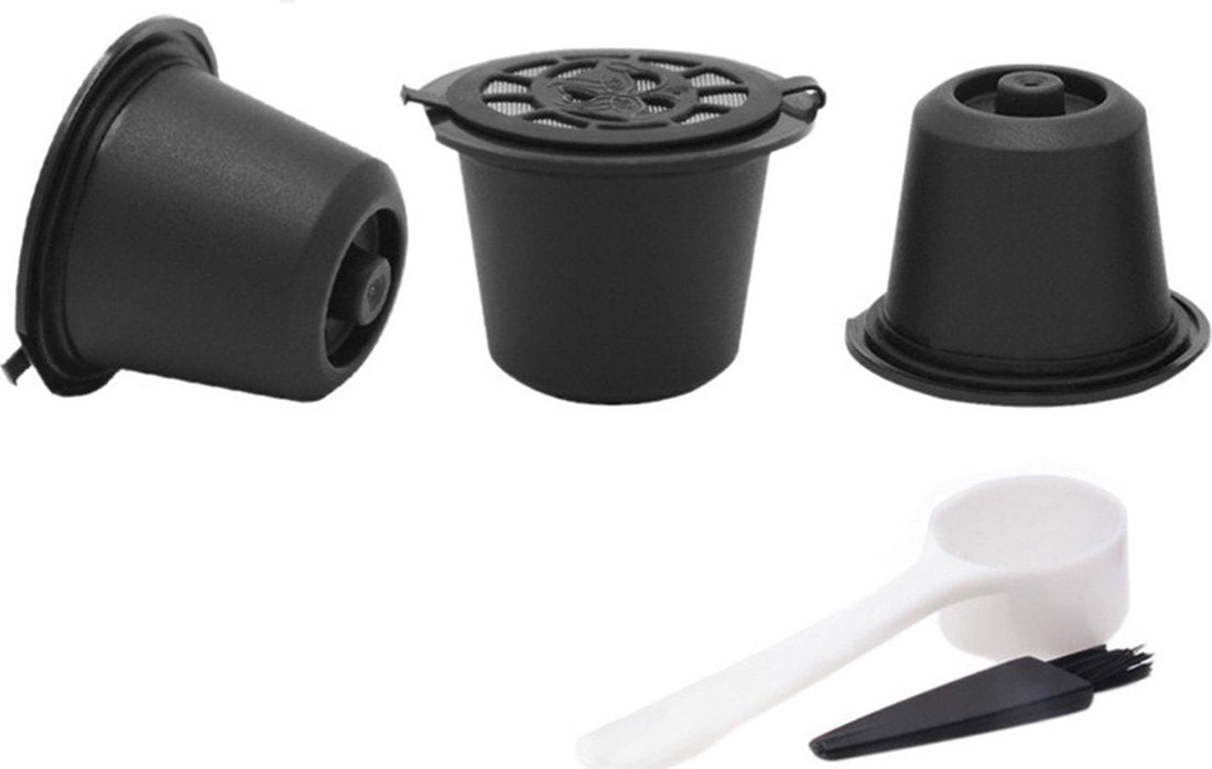 5 Reusable Nespresso coffee pods with measuring scoop and brush