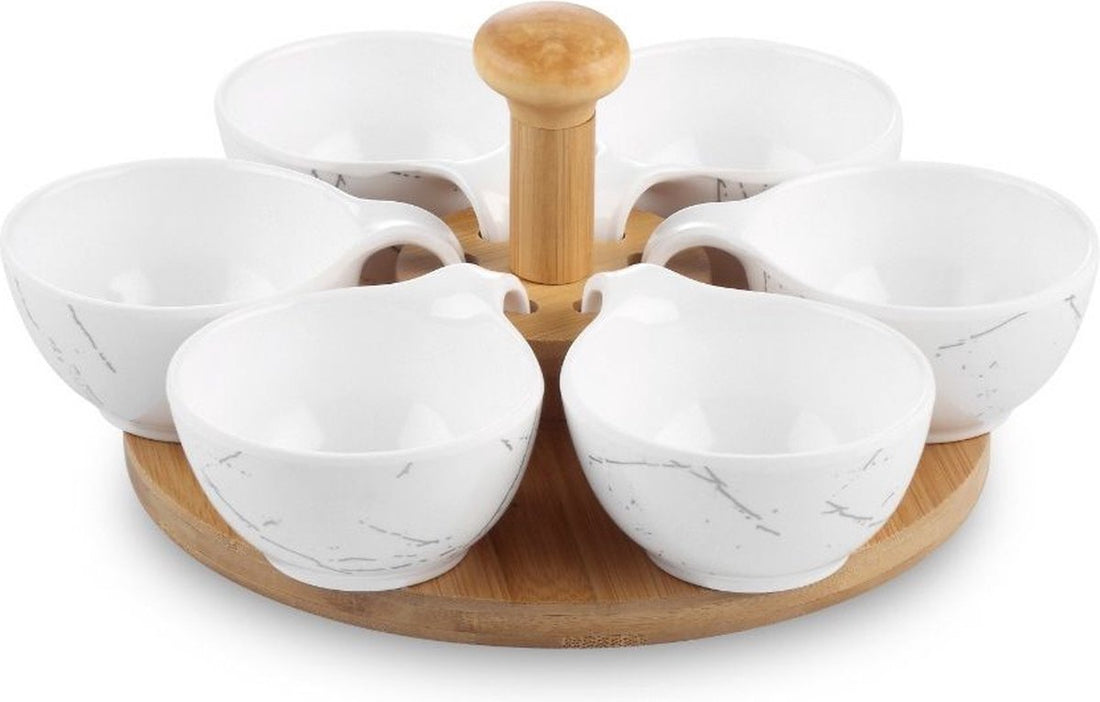 Tapas appetizer serving set, wooden turntable with white melamine bowls - serving board, snack platter