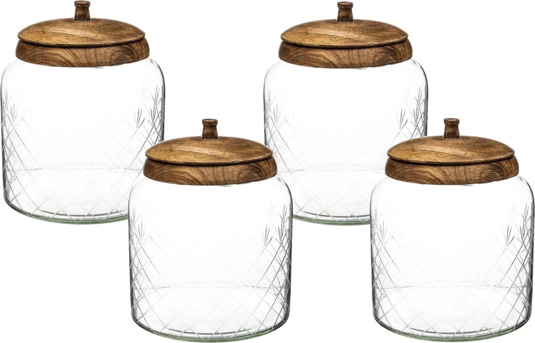 4x candy jars/storage jars 2.7L glass with wooden lid - 2700 ml - Bonbonnieres