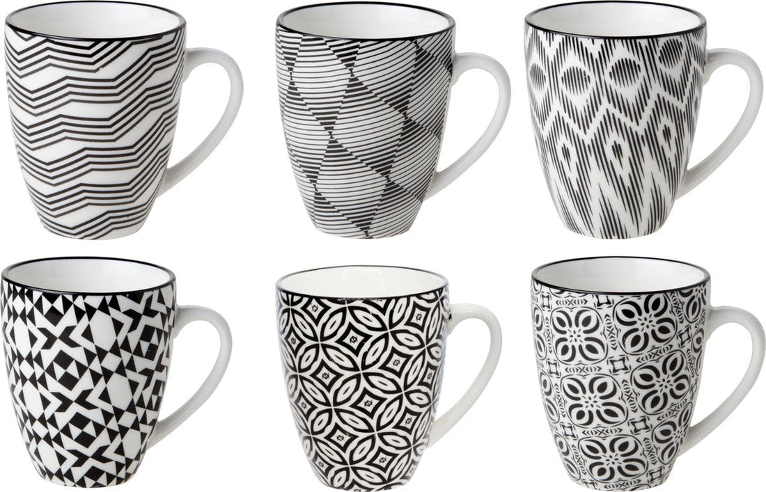 Cosy & Trendy Kopjes/bekers Nikko - set van 12x stuks - zwart/wit - 19 cl - koffiekopjes - theekopjes - koffie/thee bekers