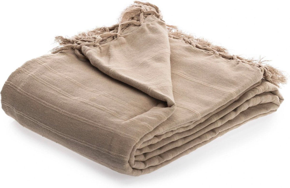 Bedsprei katoen beige/taupe – 2 persoons sprei met franjes, 230 x 250 cm