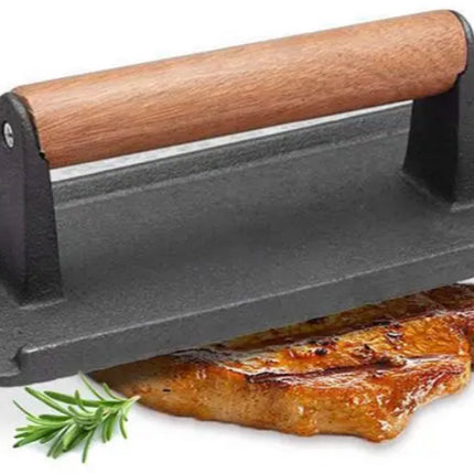 Presse à Hamburger en Fonte XL – Presse Lourde pour Grill et Barbecue pour Hamburgers, Smash Burgers et Viandes – Rectangulaire – Avec Poignée en Bois - Presse à Viande - Presse pour légumes grillés