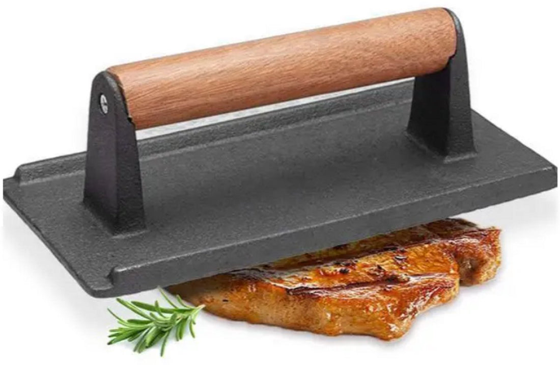 Gusseisen-Hamburgerpresse XL – Schwere Grill- und BBQ-Presse für Hamburger, Smashburger und Fleisch – Rechteckig – Mit Holzgriff – Fleischpresse – Presse für gegrilltes Gemüse