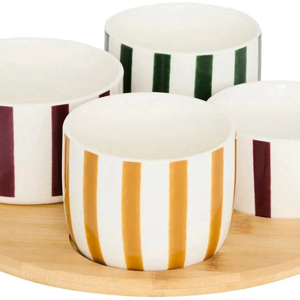 Planche de service ronde en bois d'acacia avec 4 coupelles en céramique - Ø25 cm - Plateau apéritif pour tapas, sauces et amuse-bouches - Couleurs assorties - Lavable au lave-vaisselle