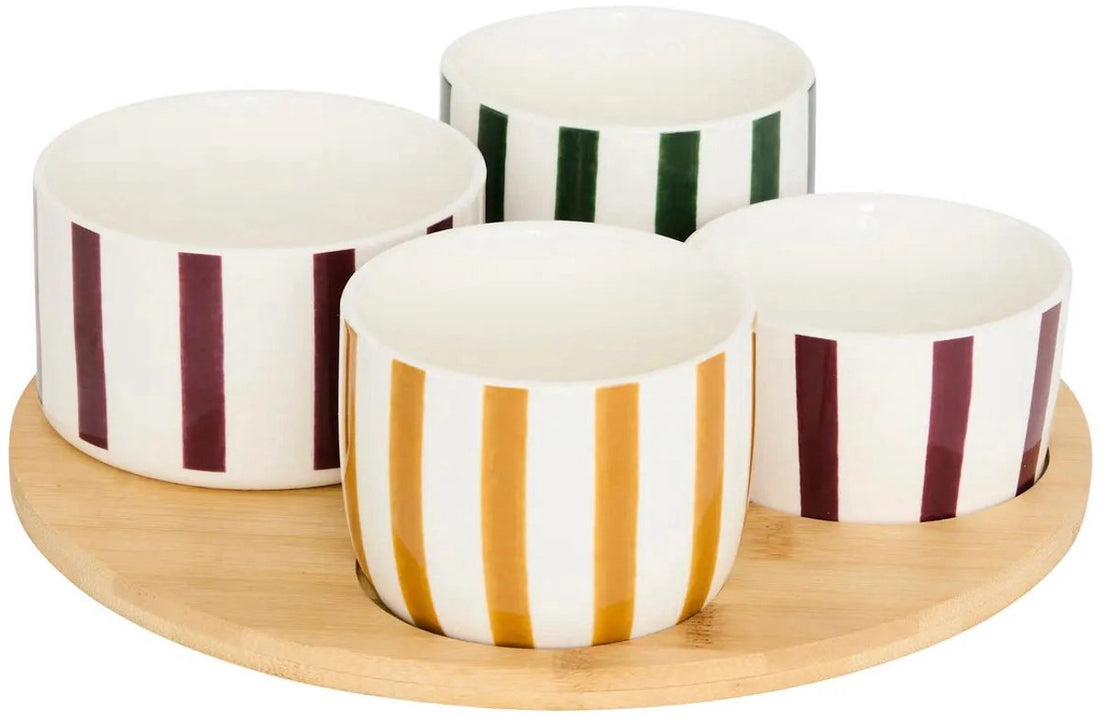 Round Acacia Wood Serving Board with 4 Earthenware Bowls - Ø25 cm - Appetizer Platter for Tapas, Sauces and Snacks - Assorted Colors - Dishwasher Safe