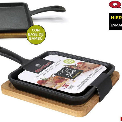 Quttin Gietijzeren tapas pan 14 x 14 cm – met houten plank om hem op te zetten