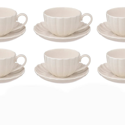 Lot de 6 Tasses à Café en Porcelaine Blanche avec Soucoupe – 22 cl – Design Côtelé Élégant