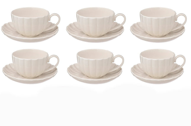 Lot de 6 Tasses à Café en Porcelaine Blanche avec Soucoupe – 22 cl – Design Côtelé Élégant