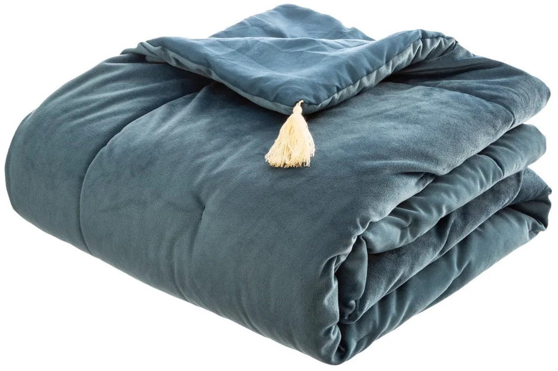 Velvet bedsprei petrol blauw met franjes – kleed van 180 x 80 cm