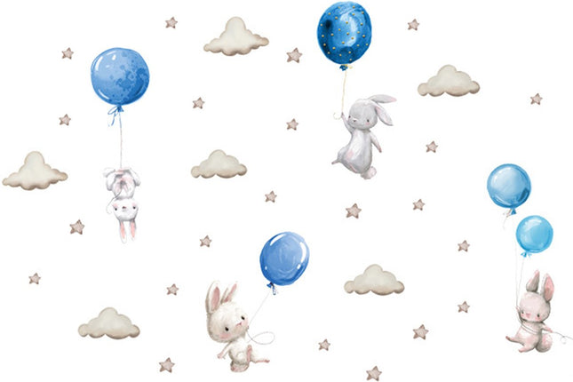 Sticker Mural Lapins avec Ballons - Bleu - Set de Décoration Murale pour Chambre d'Enfant - 76x115 cm - Stickers Muraux Autocollants pour Crèche & Chambre d'Enfant