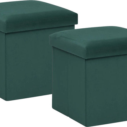 Atmosphera Pouf/tabouret/repose-pieds Amber - 2x - Boîte de rangement pliante - velours vert émeraude - D38 x H38 cm - MDF/polyester