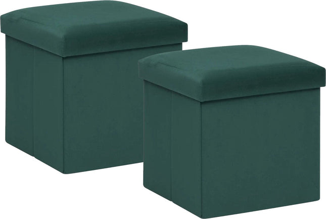 Atmosphera Pouf/tabouret/repose-pieds Amber - 2x - Boîte de rangement pliante - velours vert émeraude - D38 x H38 cm - MDF/polyester