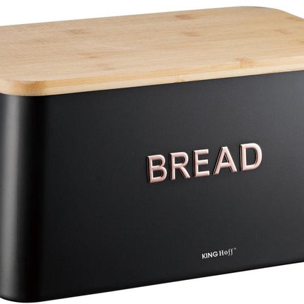 KINGHOFF Boîte à pain 2 en 1 - Noir - 35x23x18 cm - Avec couvercle en bambou - Hygiénique et facile à nettoyer - Peut être utilisée comme planche à découper