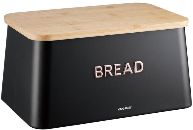 KINGHOFF Boîte à pain 2 en 1 - Noir - 35x23x18 cm - Avec couvercle en bambou - Hygiénique et facile à nettoyer - Peut être utilisée comme planche à découper