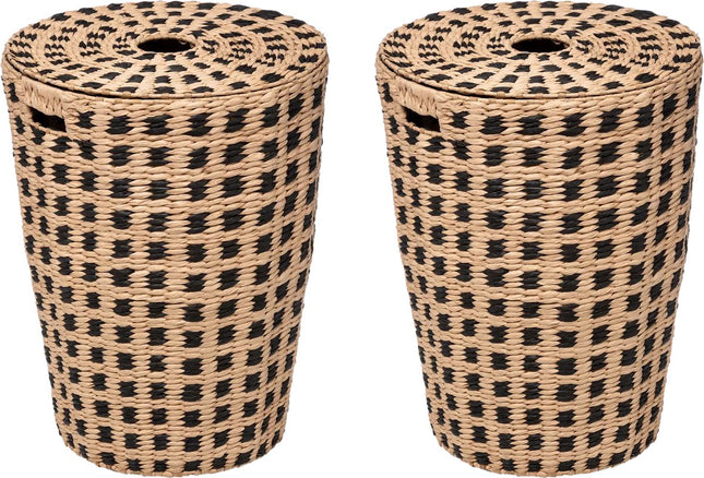 5Five Paniers à linge en jonc tressé - 2x - beige/noir - 64 litres - 33 x 33 x 53 cm - avec couvercle