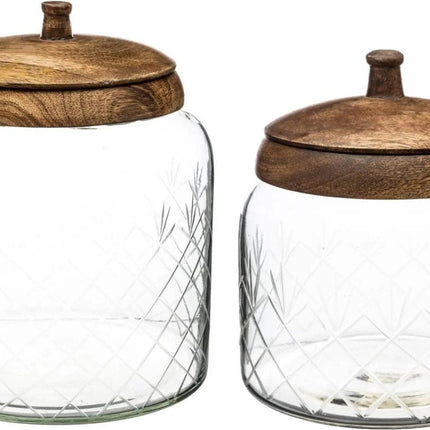 Lot de 2 bocaux en verre avec couvercle en bois de manguier – 1200 ml – 2700 ml – Bonbonnières