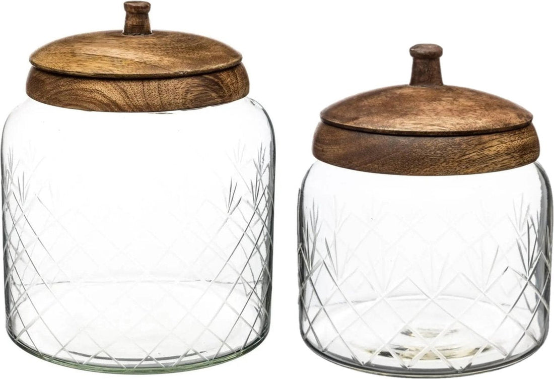 Set aus 2x Bonbongläsern/Vorratsgläsern aus Glas mit Mangoholzdeckel - 1200 ml - 2700 ml - Bonbonnieren
