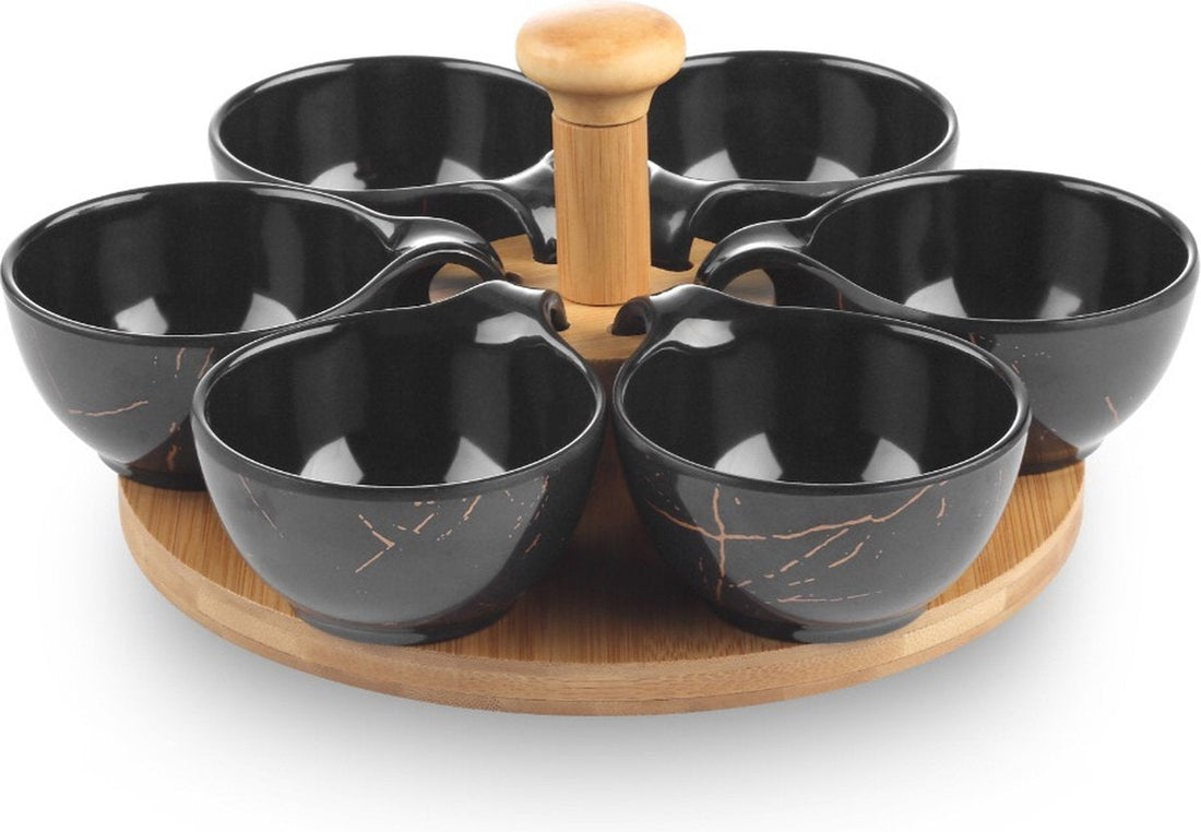 Tapas serving set, wooden rotating tray with melamine bowls - serving board, snack board