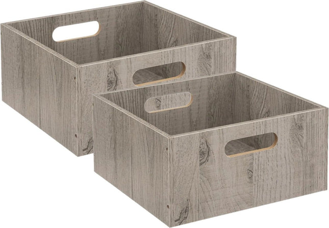 5five Panier/bac de rangement en bois - Lot de 2 - Gris - 14 litres - 31 x 31 x 15 cm - Boîtes de rangement - Paniers pour étagères