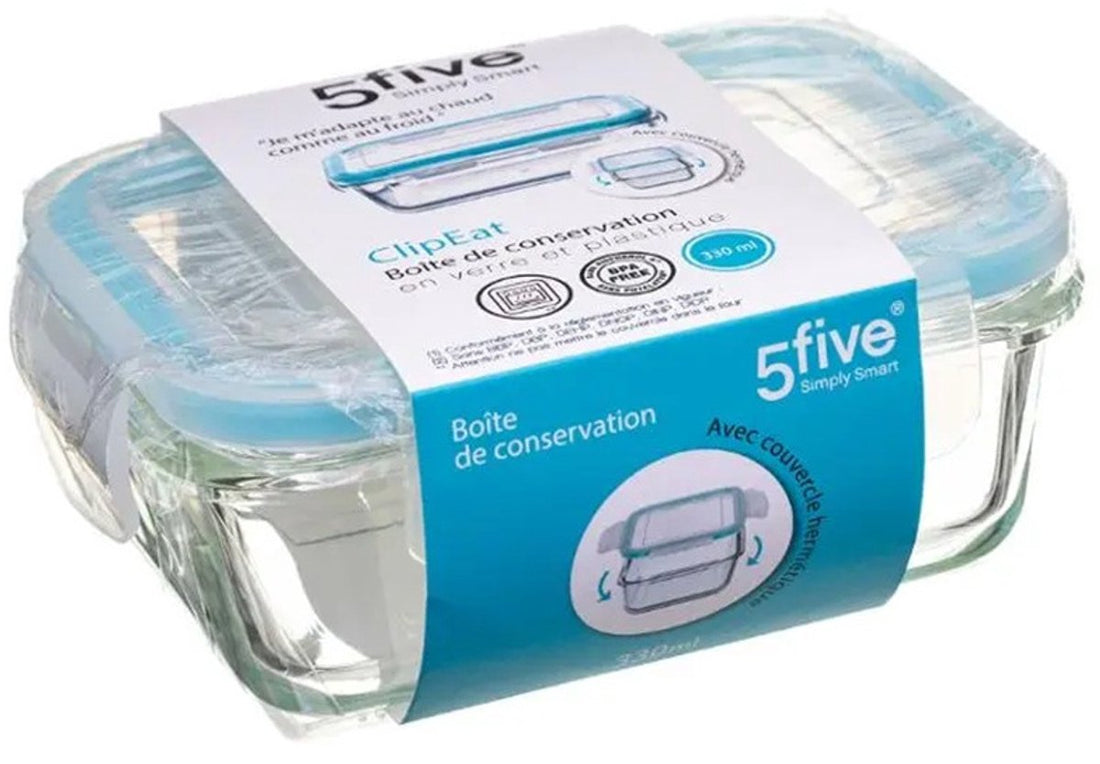 5Five Vershoudbakje met deksel - 2x - glas - luchtdicht - met clips - 14 x 10 x 5 cm - 330 ml