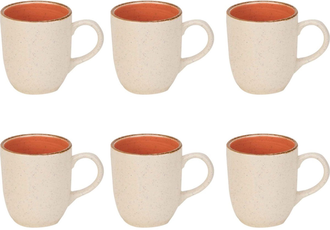 Set of 6 Granite Orange Mugs – 36 cl Earthenware Mugs for Hot & Cold Drinks – Oven, Microwave and Dishwasher Safe – Stylish Design with Orange Interior