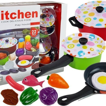 Lot de 22 ustensiles de cuisine et aliments pour enfants - Comprend des casseroles et des aliments - À partir de 3 ans