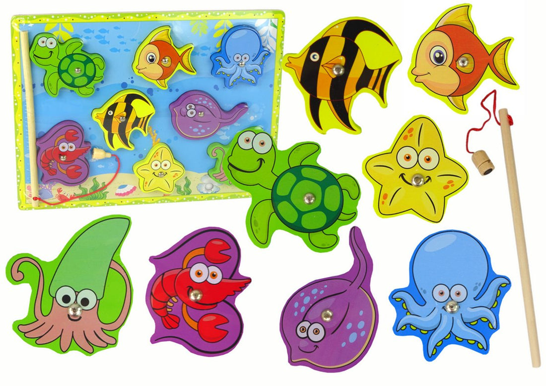 Hölzernes Angelspiel Magnetisch - Lernspielzeug Meerestiere - Motorikspiel für Kinder - Magnetisches Angelspiel - Angeln Fischen - Fischspiel - Fisch fangen