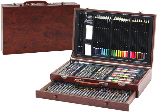 Coffret de Peintre en Bois - 60 Craies Pastel, 24 Peintures, 24 Crayons de Couleur - Kit Créatif Complet pour Enfants - Set de Peinture - Coffret - Coffret de Dessin - Coffret de Peinture