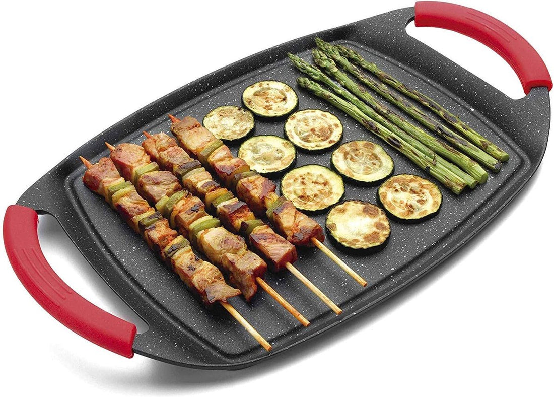 Royalty Line® ATG47M Induction Grill Plate - 29 x 47 cm Plancha - Induction Grill Pan for All Heat Sources - Oven Safe - With Detachable Handles - Black