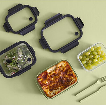 5Five Vershoudbakje met deksel - 2x - glas - luchtdicht - met clips - 21 x 17 x 7 cm - 900 ml - zwart/transparant