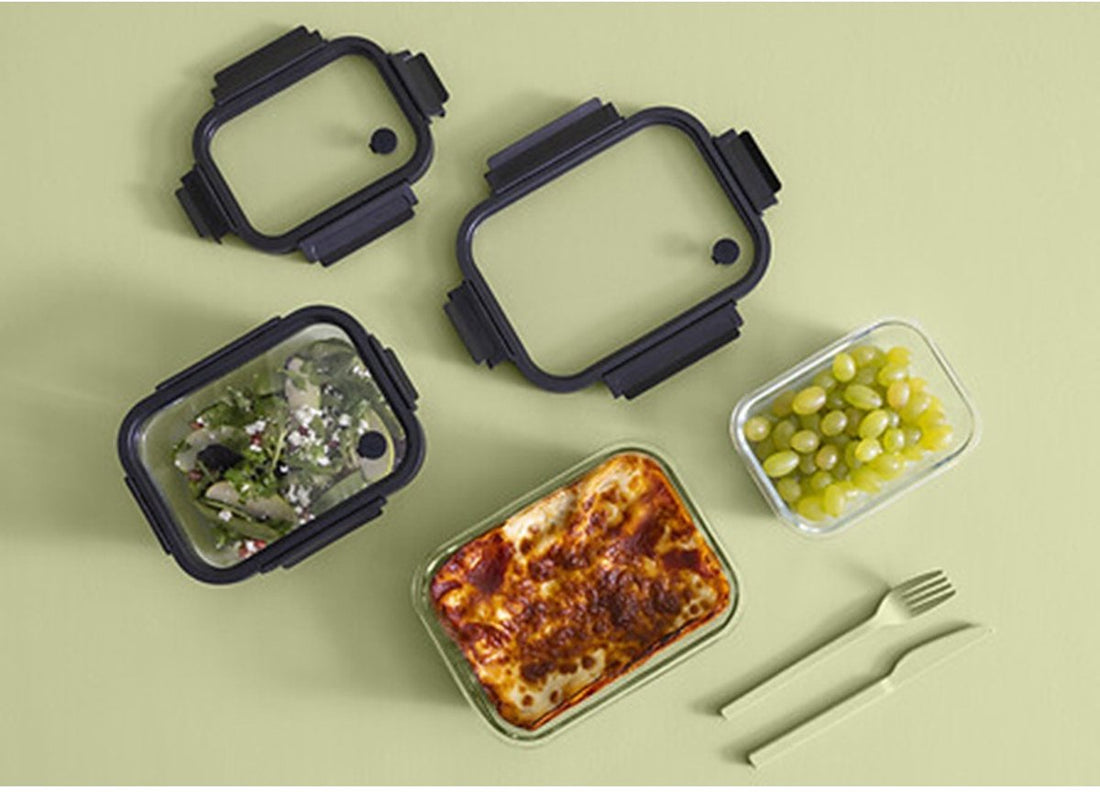 5Five Food storage container with lid - 2x - glass - airtight - with clips - 21 x 17 x 7 cm - 900 ml - black / transparent