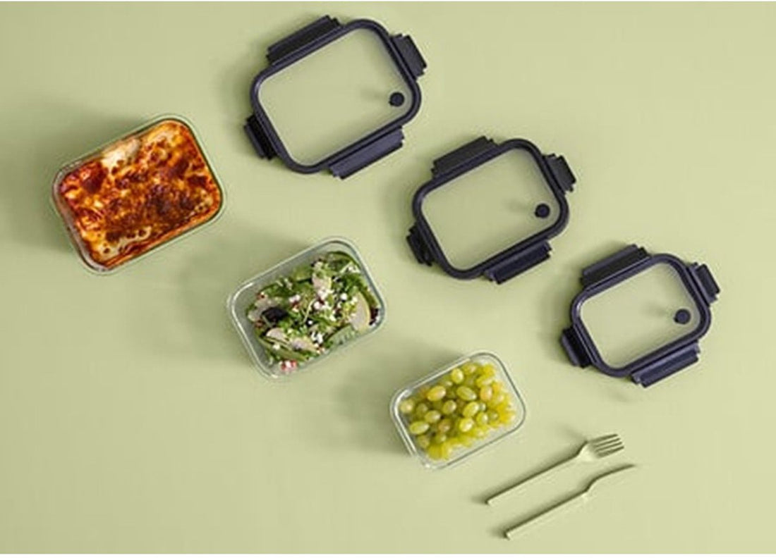 5Five Food storage container with lid - 2x - glass - airtight - with clips - 21 x 17 x 7 cm - 900 ml - black / transparent