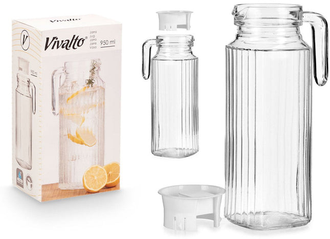 Carafe en verre avec bouchon blanc - Carafe à limonade transparente 950 ml - Pour boissons et glaçons - 23,5 cm