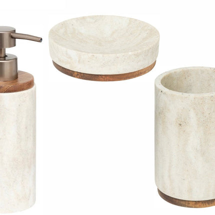 Ensemble salle de bain/WC 3 pièces – Porte-savon, Porte-brosses à dents & Distributeur de savon – Effet marbre beige/blanc – Pierre artificielle en polyrésine