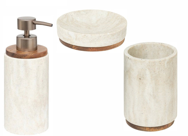 Ensemble salle de bain/WC 3 pièces – Porte-savon, Porte-brosses à dents & Distributeur de savon – Effet marbre beige/blanc – Pierre artificielle en polyrésine