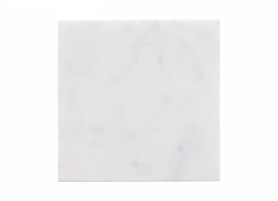 Set van 4 witte marmeren onderzetters met zwarte houder – 10 cm