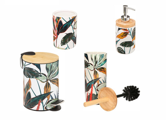 Ensemble WC-Salle de bain Style Palawan – Comprend une Poubelle, une Brosse WC, un Distributeur de Savon et un Porte-brosses à Dents – Blanc/Argent – Moderne et Élégant – 4 Pièces