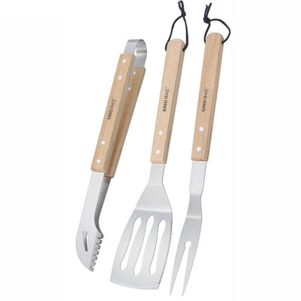 Kinghoff KH-1918 Ensemble barbecue 3 pièces – Kit de grillade en acier inoxydable avec manches en bois – Pince, spatule et fourchette – Convient également pour les barbecues à gaz, Kamado, Green Egg et Weber.
