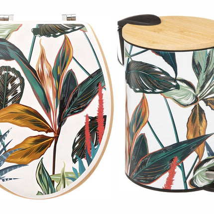 Ensemble Abattant WC & Poubelle – Motif Feuilles Tropicales – Poubelle à Pédale en Bambou 3L + Abattant WC en MDF – Accessoires de Salle de Bain