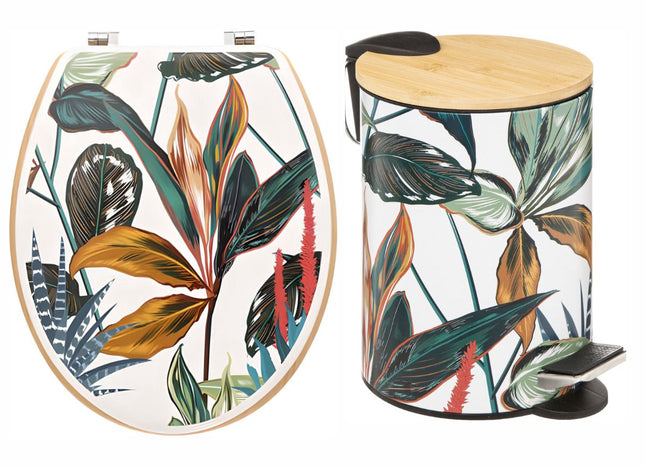 Ensemble Abattant WC & Poubelle – Motif Feuilles Tropicales – Poubelle à Pédale en Bambou 3L + Abattant WC en MDF – Accessoires de Salle de Bain