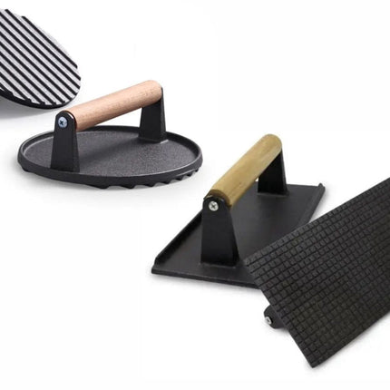 Lot de 2 presses à hamburger en fonte XL - Presse BBQ ronde et rectangulaire pour hamburgers, smash burgers et légumes - Avec poignée en bois - Accessoires de grillade - Accessoire BBQ / Accessoires Kamado