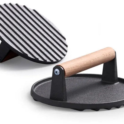Presse à Hamburger XL en Fonte – Presse Lourd pour Gril et BBQ pour Hamburgers, Smash Burgers et Viandes – 17,5 cm – Avec Manche en Bois – Presse à Viande – Presse pour Légumes Grillés – Ronde