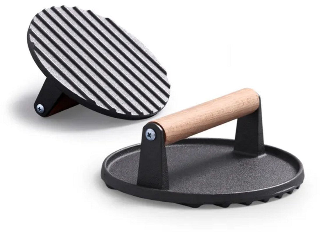 Gusseiserne Burgerpresse XL – Schwere Grill- und BBQ-Presse für Burger, Smashburger und Fleisch – 17,5 cm – Mit Holzgriff – Fleischpresse – Presse für gegrilltes Gemüse – Rund