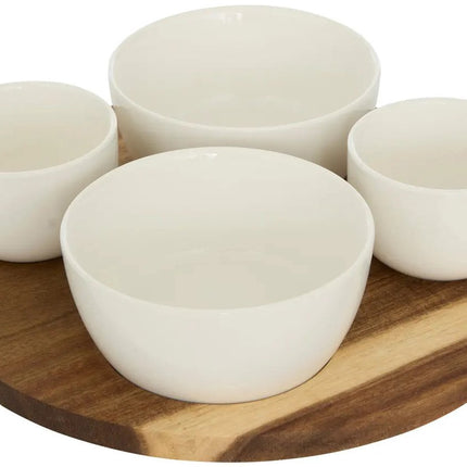 5Five Planche de service en bois d'acacia - avec 4 coupelles de luxe - D26 cm - coupelles à tapas et sauces - couleurs assorties blanc - plateau apéritif