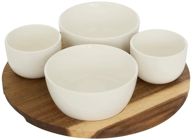 5Five Planche de service en bois d'acacia - avec 4 coupelles de luxe - D26 cm - coupelles à tapas et sauces - couleurs assorties blanc - plateau apéritif