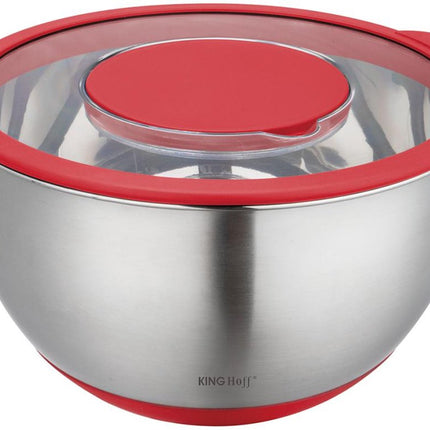 RVS Mengkom met Deksel – Multifunctioneel (5L, Rood) – Inclusief 3 Raspstanden, Maatverdeling en Antislip Rand – Voor Mengen, Raspen en Opslaan